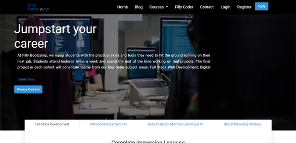 Filly Bootcamp coding education platform with structured programming courses