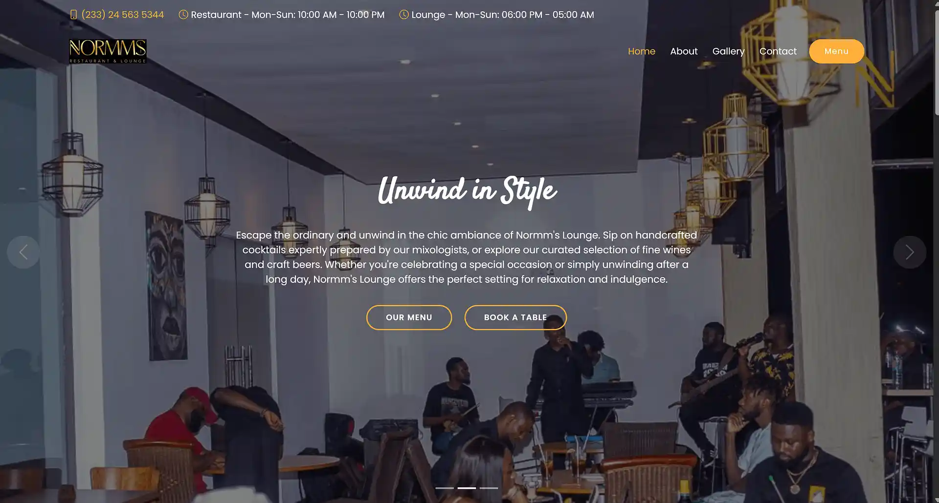 Normms Restaurant website showing elegant dining interface with menu and reservations